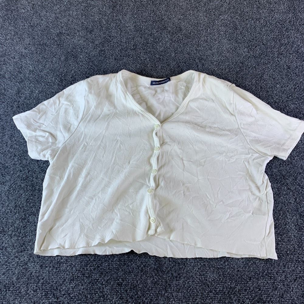 Brandy Melville Cropped Top Womens 3 White Cotton V-Neck Casual Button Front